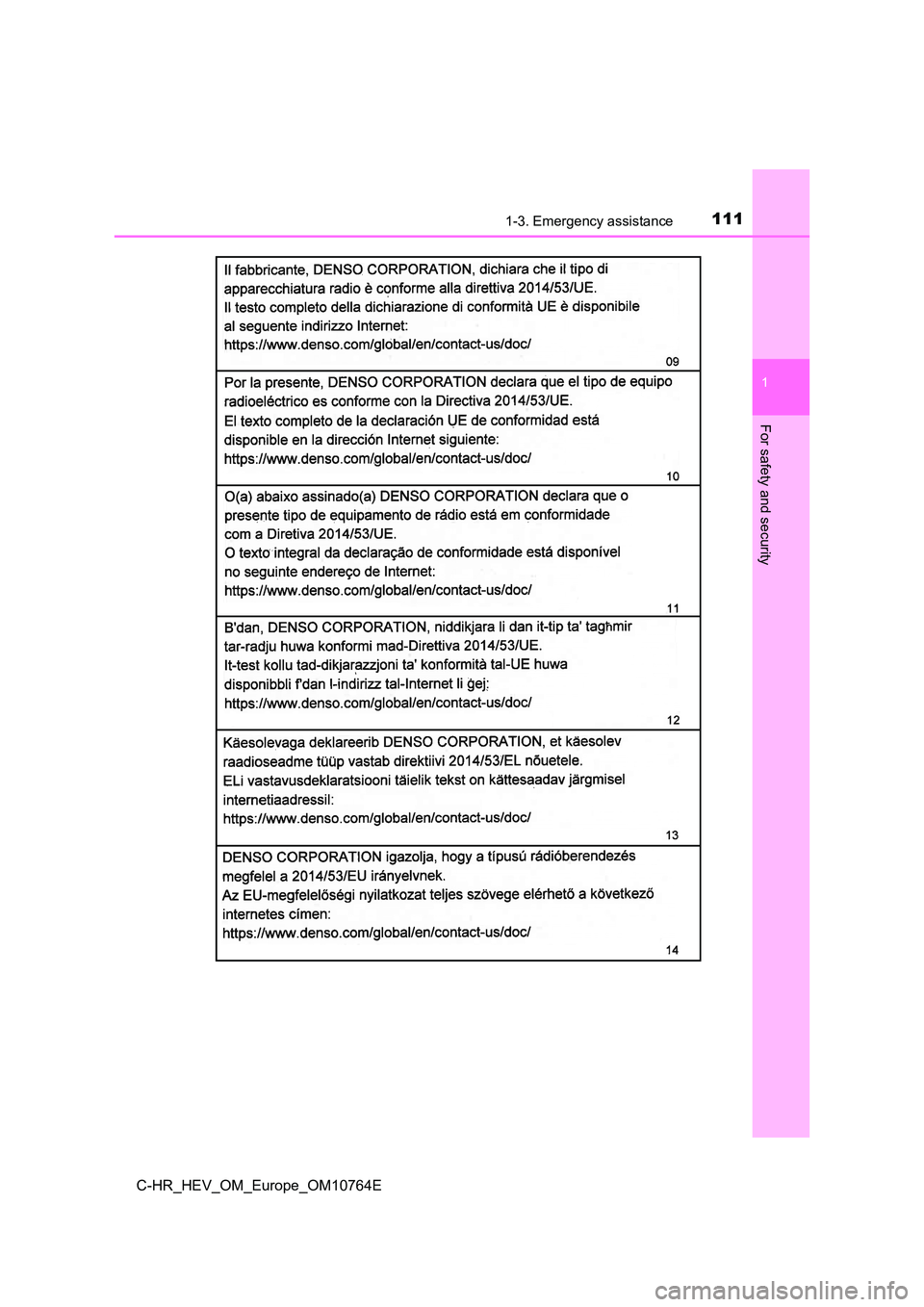 TOYOTA C-HR 2023  Owners Manual 1111-3. Emergency assistance
1
For safety and security
C-HR_HEV_OM_Europe_OM10764E 