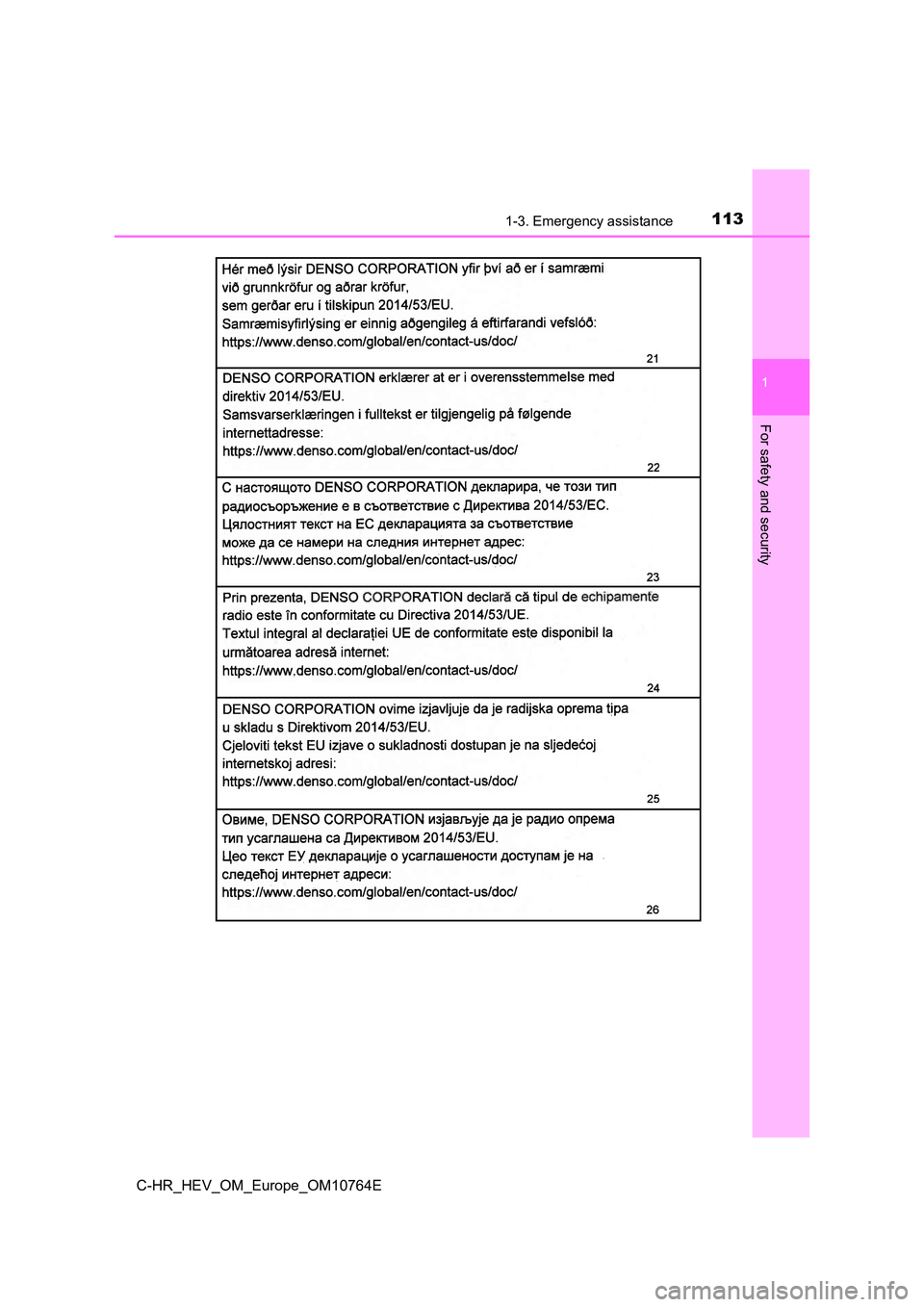 TOYOTA C-HR 2023  Owners Manual 1131-3. Emergency assistance
1
For safety and security
C-HR_HEV_OM_Europe_OM10764E 