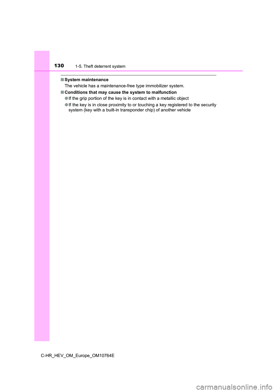 TOYOTA C-HR 2023  Owners Manual 1301-5. Theft deterrent system
C-HR_HEV_OM_Europe_OM10764E
■System maintenance 
The vehicle has a maintenance-free type immobilizer system. 
■ Conditions that may cause the system to malfunction 
