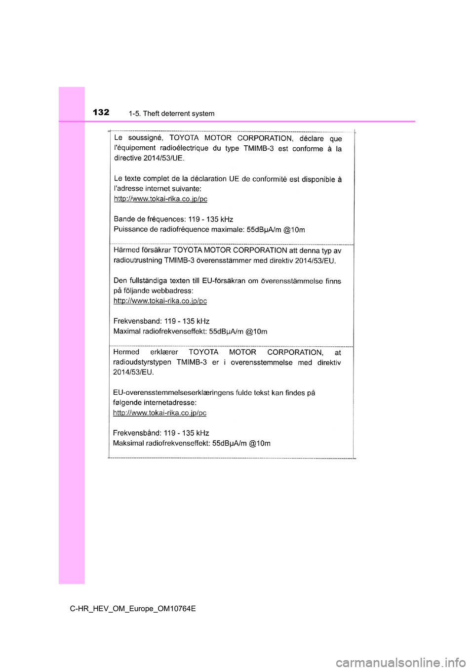 TOYOTA C-HR 2023  Owners Manual 1321-5. Theft deterrent system
C-HR_HEV_OM_Europe_OM10764E 