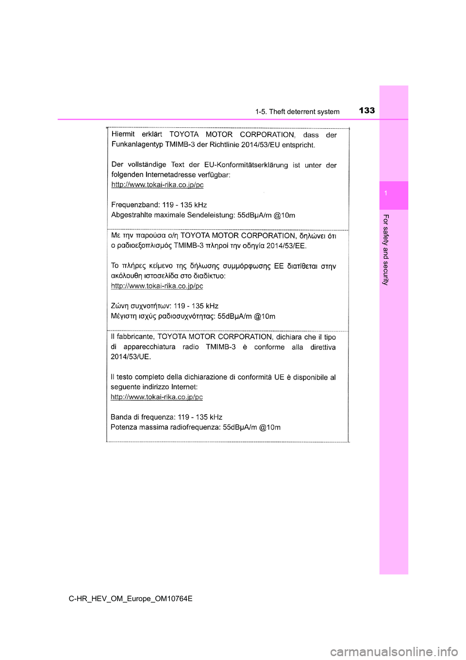 TOYOTA C-HR 2023  Owners Manual 1331-5. Theft deterrent system
1
For safety and security
C-HR_HEV_OM_Europe_OM10764E 