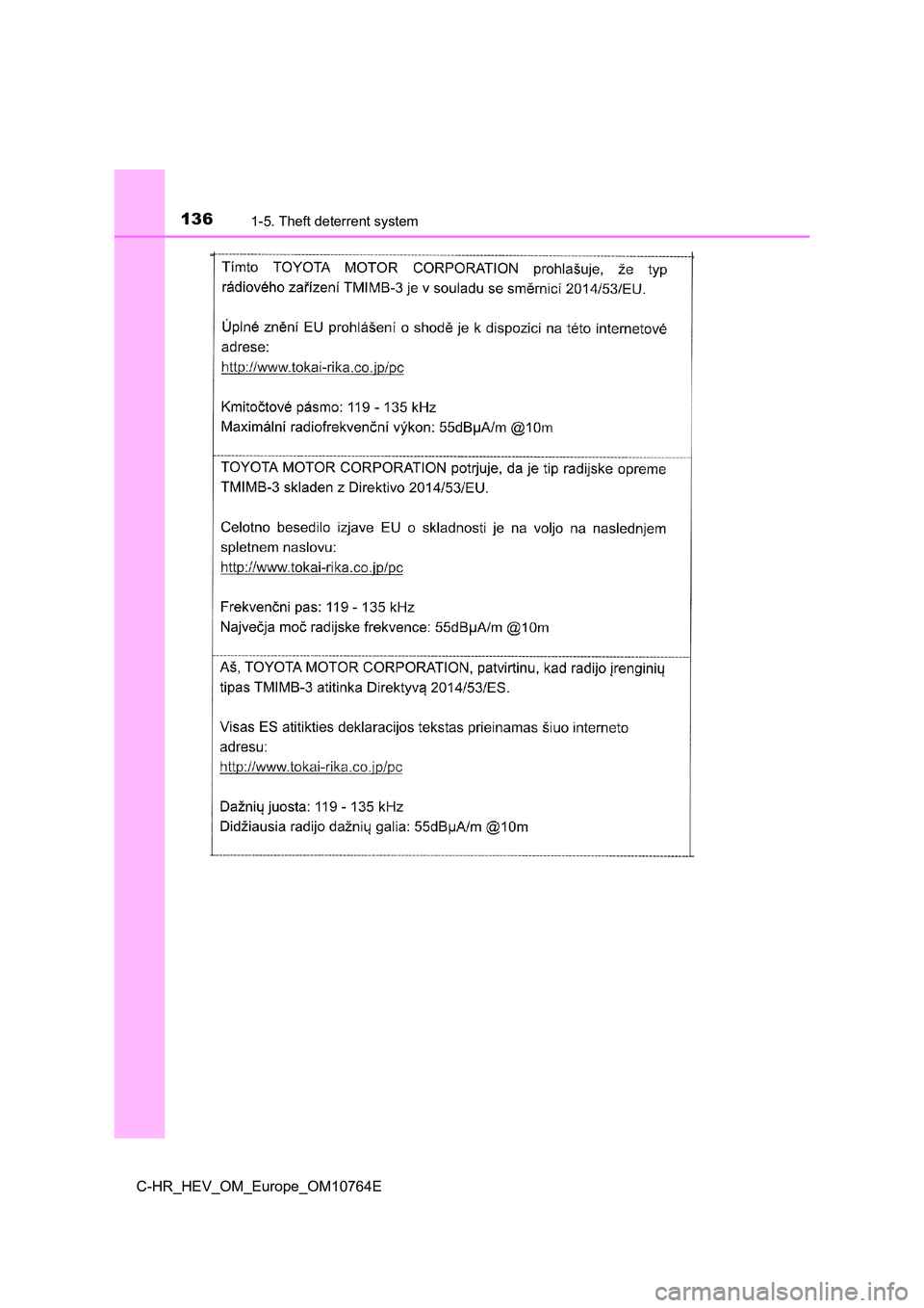 TOYOTA C-HR 2023  Owners Manual 1361-5. Theft deterrent system
C-HR_HEV_OM_Europe_OM10764E 