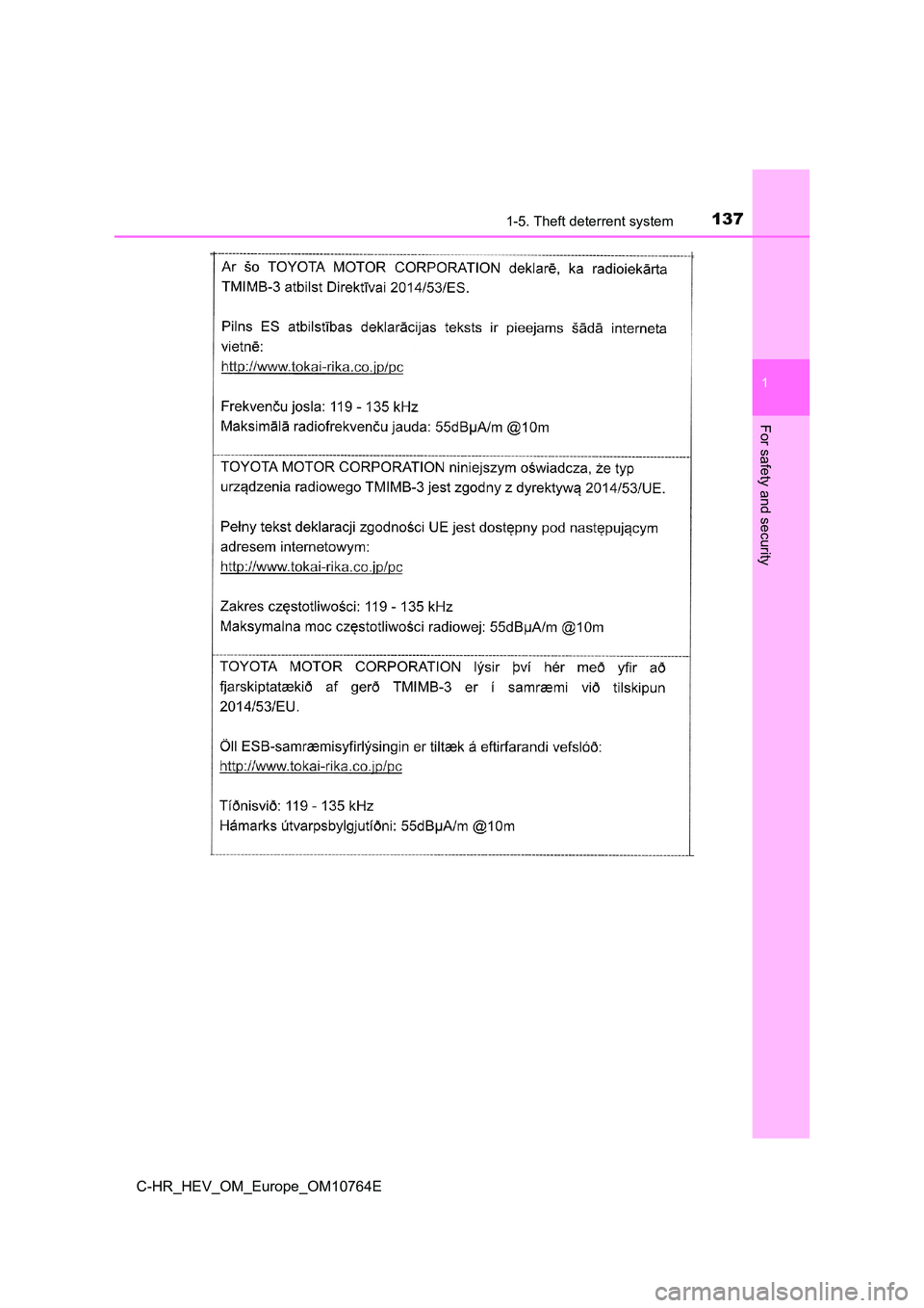 TOYOTA C-HR 2023  Owners Manual 1371-5. Theft deterrent system
1
For safety and security
C-HR_HEV_OM_Europe_OM10764E 
