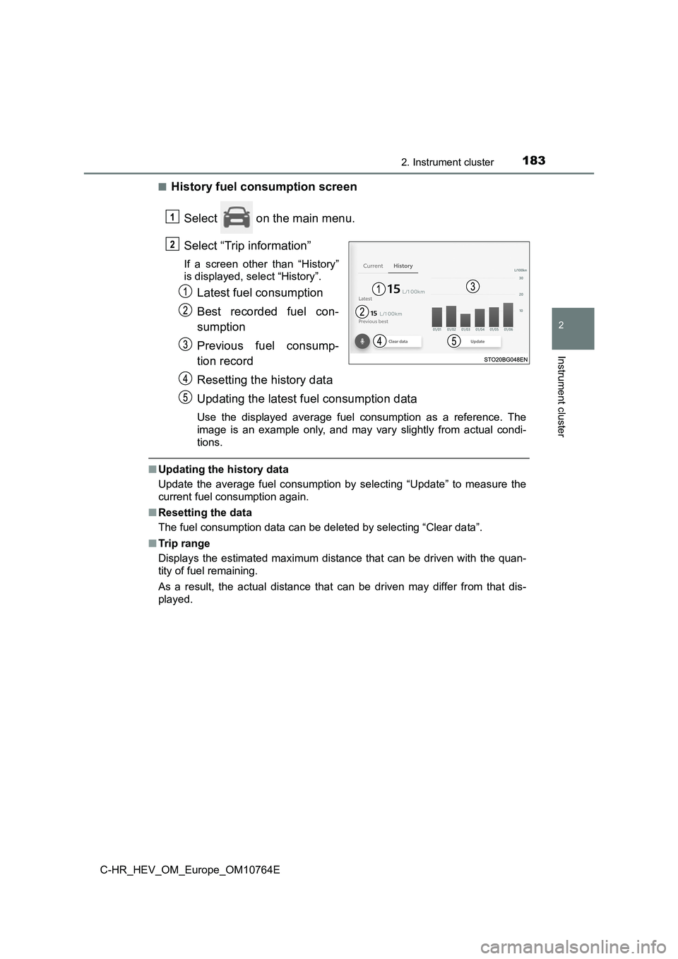 TOYOTA C-HR 2023  Owners Manual 1832. Instrument cluster
2
Instrument cluster
C-HR_HEV_OM_Europe_OM10764E 
■History fuel consumption screen 
Select   on the main menu. 
Select “Trip information”
If  a  screen  other  than  “
