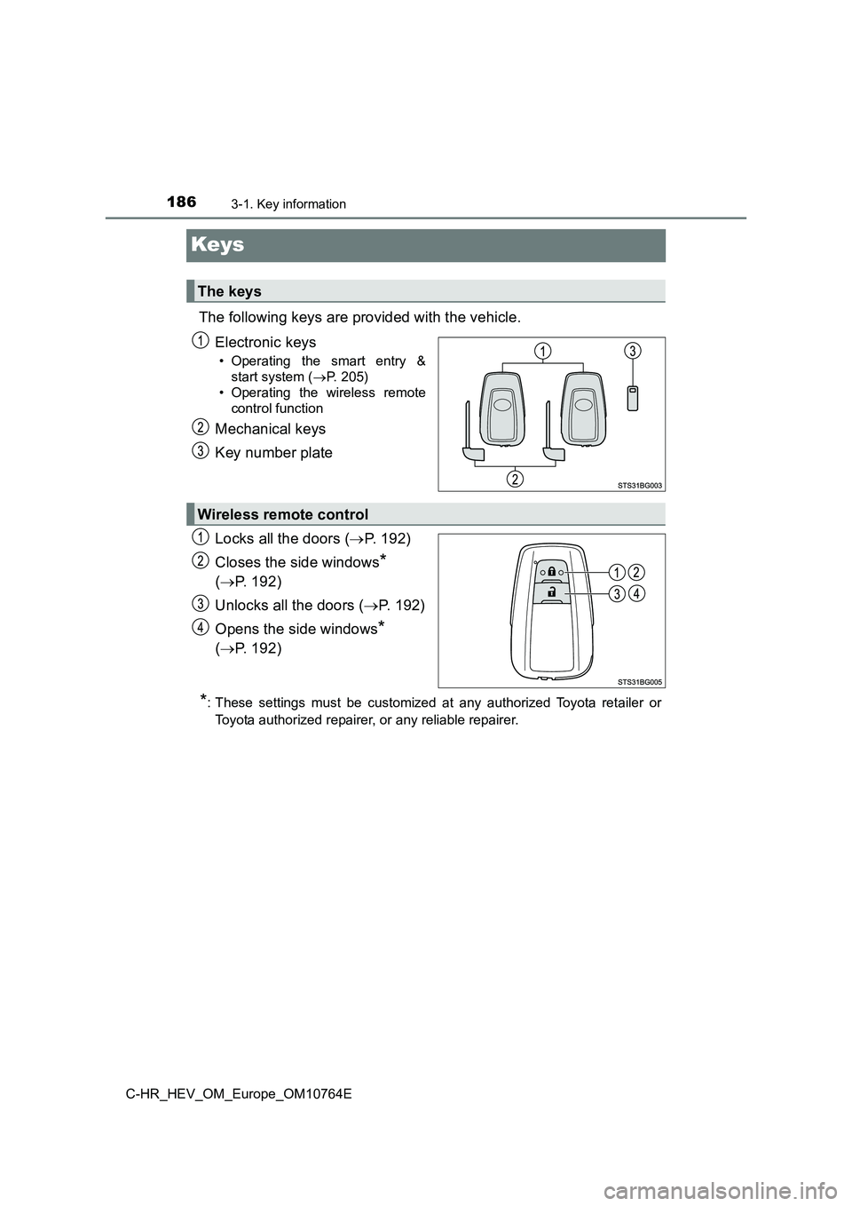 TOYOTA C-HR 2023  Owners Manual 1863-1. Key information
C-HR_HEV_OM_Europe_OM10764E
Keys
The following keys are provided with the vehicle. 
Electronic keys
• Operating  the  smart  entry  & 
start system ( P. 205) 
• Operatin