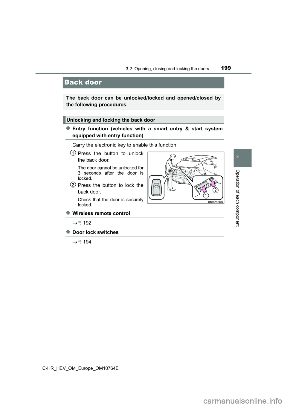 TOYOTA C-HR 2023  Owners Manual 199
3
3-2. Opening, closing and locking the doors
Operation of each component
C-HR_HEV_OM_Europe_OM10764E
Back door
◆Entry  function  (vehicles  with  a  smart  entry  &  start  system
equipped with