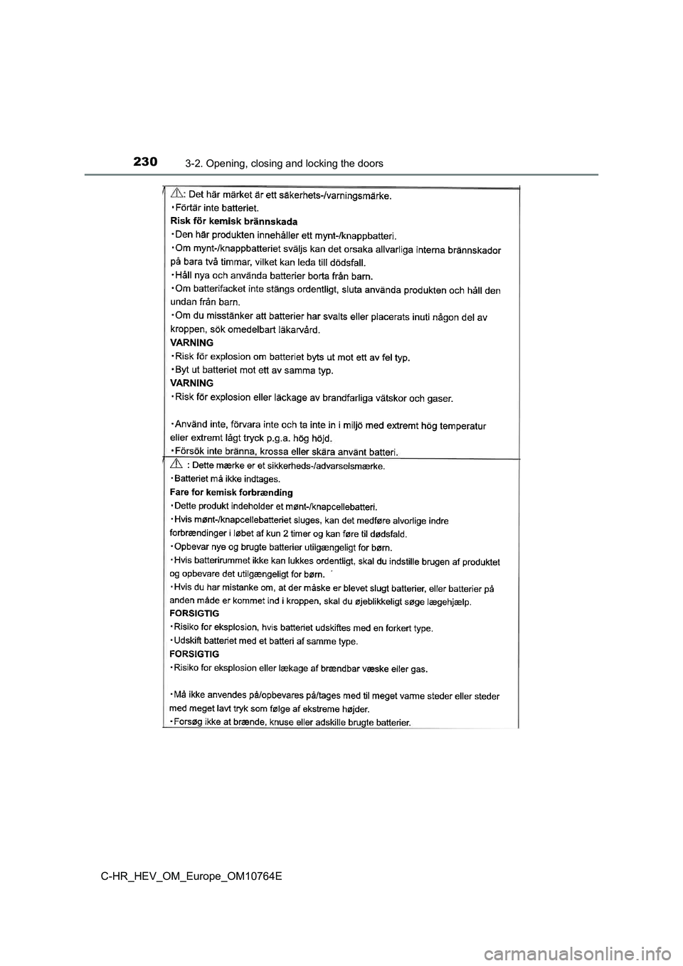 TOYOTA C-HR 2023  Owners Manual 2303-2. Opening, closing and locking the doors
C-HR_HEV_OM_Europe_OM10764E 