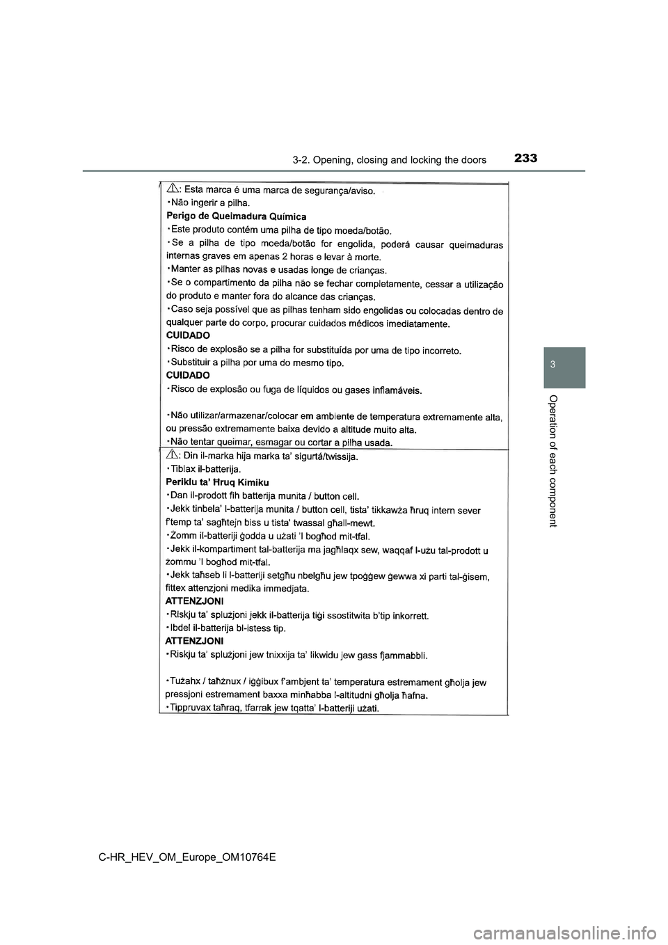 TOYOTA C-HR 2023  Owners Manual 2333-2. Opening, closing and locking the doors
3
Operation of each component
C-HR_HEV_OM_Europe_OM10764E 