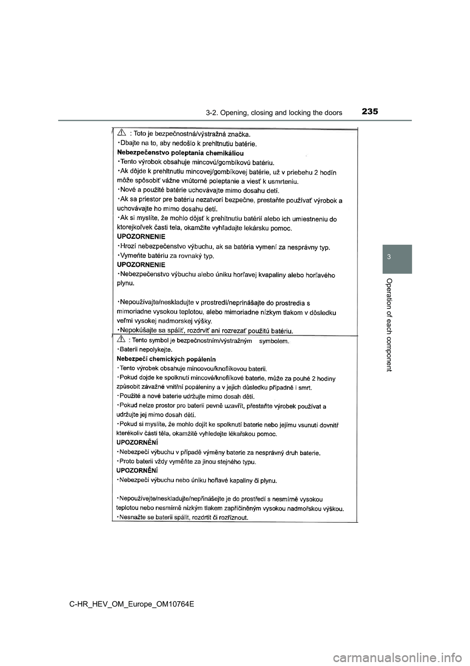 TOYOTA C-HR 2023  Owners Manual 2353-2. Opening, closing and locking the doors
3
Operation of each component
C-HR_HEV_OM_Europe_OM10764E 