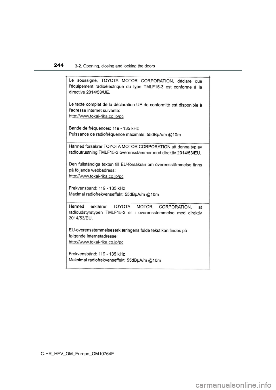 TOYOTA C-HR 2023  Owners Manual 2443-2. Opening, closing and locking the doors
C-HR_HEV_OM_Europe_OM10764E 