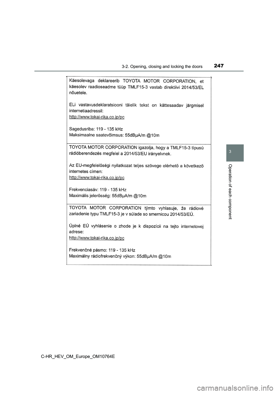 TOYOTA C-HR 2023  Owners Manual 2473-2. Opening, closing and locking the doors
3
Operation of each component
C-HR_HEV_OM_Europe_OM10764E 