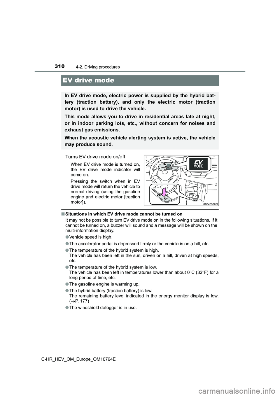 TOYOTA C-HR 2023  Owners Manual 3104-2. Driving procedures
C-HR_HEV_OM_Europe_OM10764E
EV drive mode
Turns EV drive mode on/off
When  EV drive  mode  is  turned  on, 
the  EV  drive  mode  indicator  will
come on. 
Pressing  the  sw