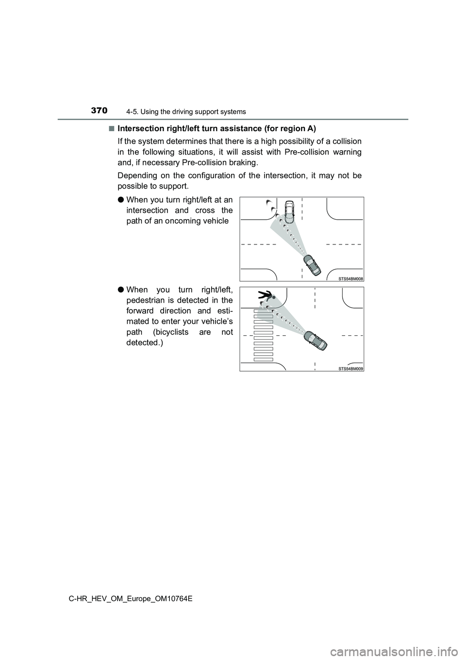 TOYOTA C-HR 2023  Owners Manual 3704-5. Using the driving support systems
C-HR_HEV_OM_Europe_OM10764E 
■Intersection right/left turn assistance (for region A) 
If the system determines that there is a high possibility of a  collis