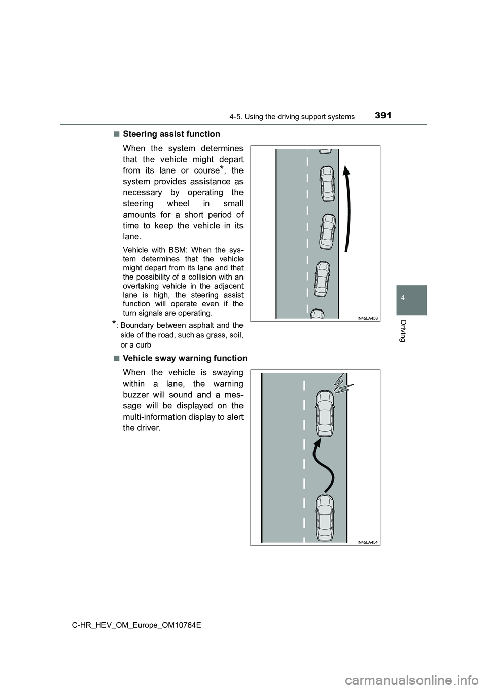TOYOTA C-HR 2023  Owners Manual 3914-5. Using the driving support systems
4
Driving
C-HR_HEV_OM_Europe_OM10764E 
■Steering assist function 
When  the  system  determines 
that  the  vehicle  might  depart 
from  its  lane  or  cou