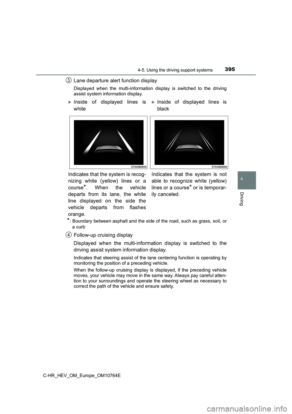 TOYOTA C-HR 2023  Owners Manual 3954-5. Using the driving support systems
4
Driving
C-HR_HEV_OM_Europe_OM10764E
Lane departure alert function display
Displayed  when  the  multi-information  display  is  switched  to  the driving 
a