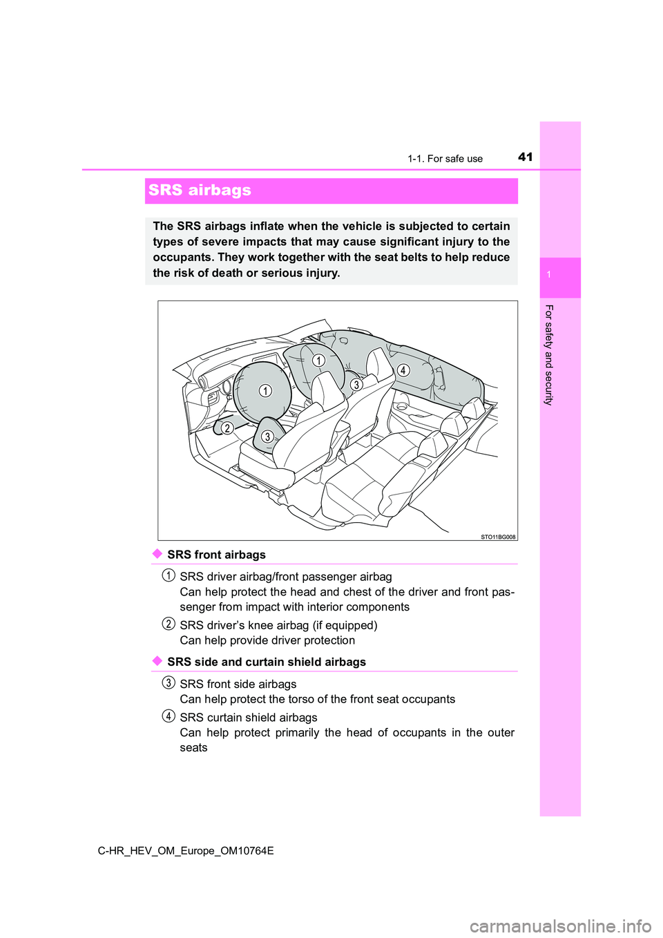 TOYOTA C-HR 2023  Owners Manual 411-1. For safe use
1
For safety and security
C-HR_HEV_OM_Europe_OM10764E
SRS airbags
◆SRS front airbags 
SRS driver airbag/front passenger airbag 
Can help protect the head and chest of the driver 