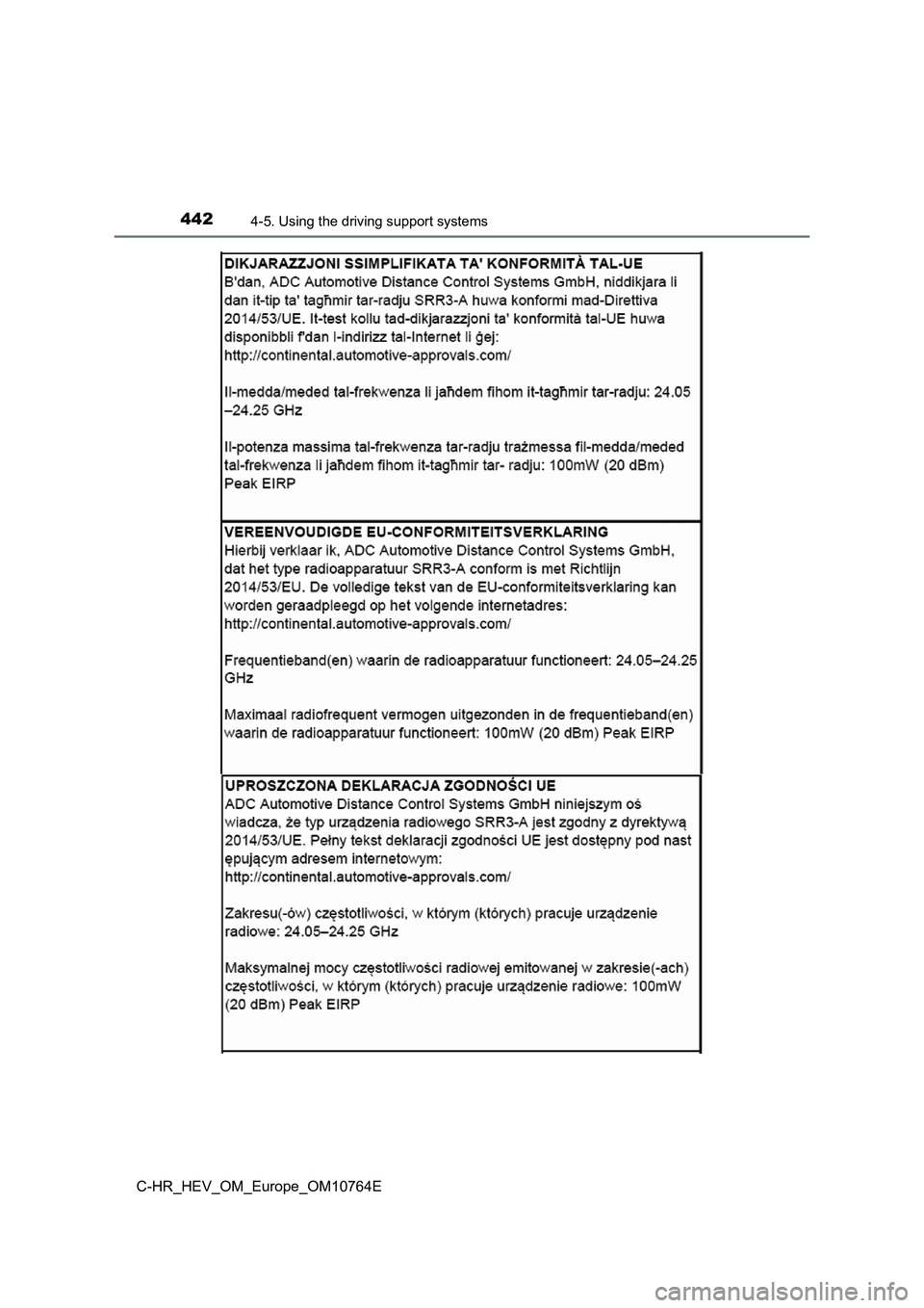 TOYOTA C-HR 2023  Owners Manual 4424-5. Using the driving support systems
C-HR_HEV_OM_Europe_OM10764E 