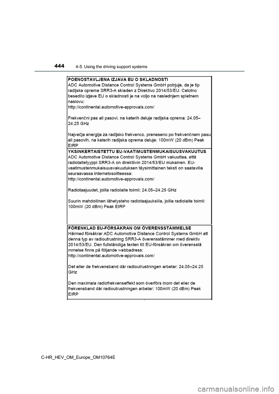 TOYOTA C-HR 2023  Owners Manual 4444-5. Using the driving support systems
C-HR_HEV_OM_Europe_OM10764E 