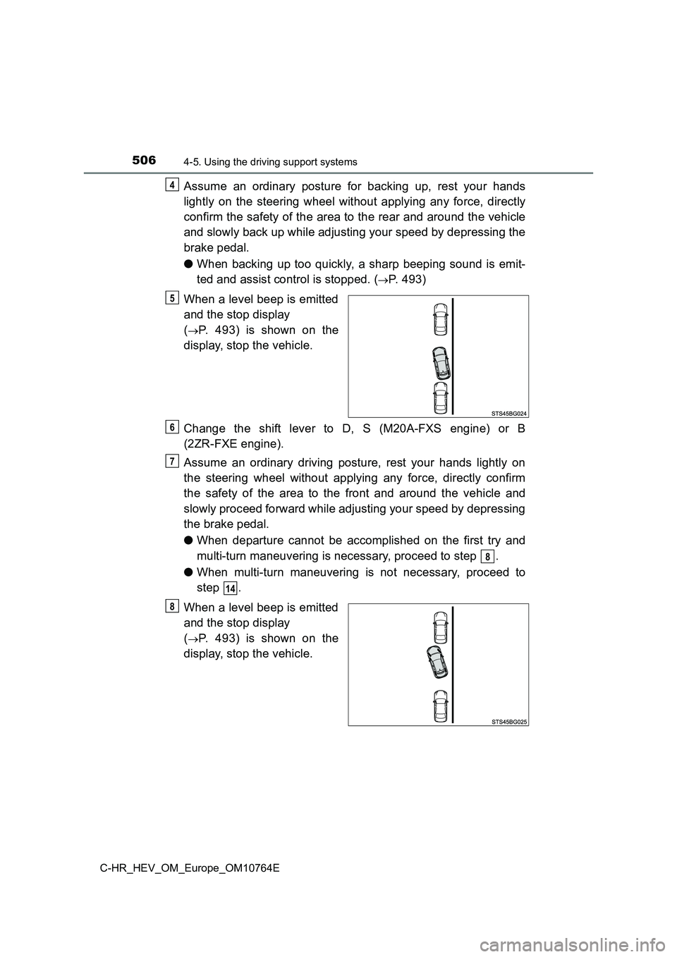 TOYOTA C-HR 2023  Owners Manual 5064-5. Using the driving support systems
C-HR_HEV_OM_Europe_OM10764E
Assume  an  ordinary  posture  for  backing  up,  rest  your  hands 
lightly  on  the  steering  wheel  without  applying  any  fo