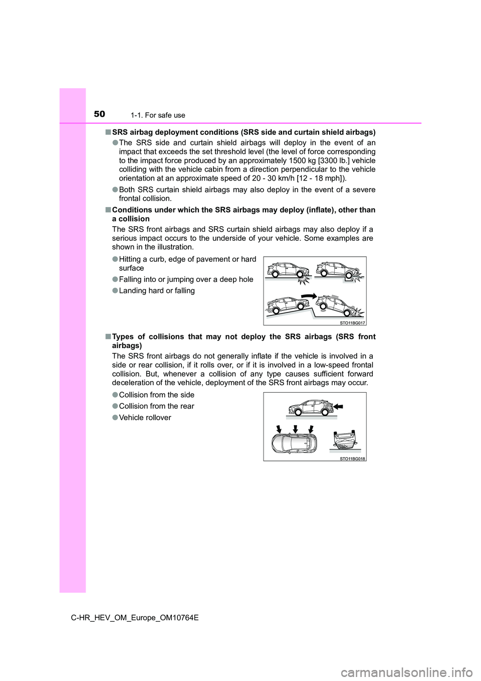 TOYOTA C-HR 2023  Owners Manual 501-1. For safe use
C-HR_HEV_OM_Europe_OM10764E 
■ SRS airbag deployment conditions (SRS side and curtain shield airbags) 
● The  SRS  side  and  curtain  shield  airbags  will  deploy  in  the  e