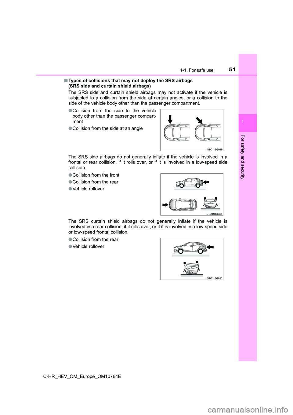 TOYOTA C-HR 2023  Owners Manual 511-1. For safe use
1
For safety and security
C-HR_HEV_OM_Europe_OM10764E 
■ Types of collisions that may not deploy the SRS airbags  
(SRS side and curtain shield airbags) 
The  SRS  side  and  cur