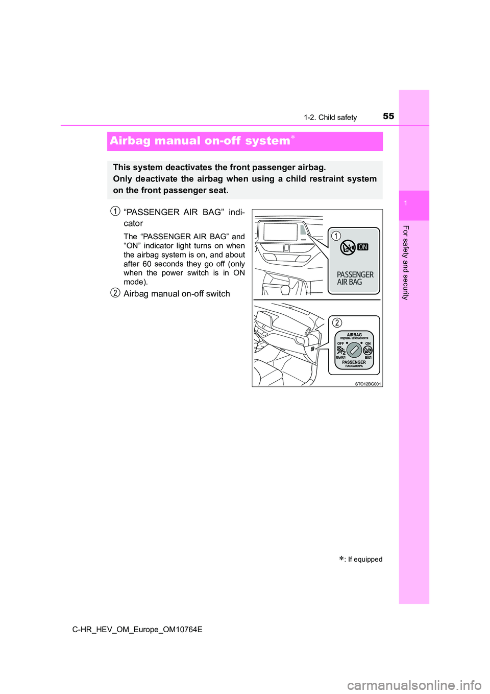 TOYOTA C-HR 2023  Owners Manual 551-2. Child safety
1
For safety and security
C-HR_HEV_OM_Europe_OM10764E
Airbag manual on-off  system
“PASSENGER  AIR  BAG”  indi- 
cator
The  “PASSENGER AIR  BAG”  and 
“ON”  indicato
