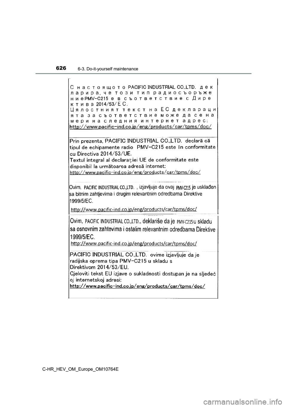 TOYOTA C-HR 2023  Owners Manual 6266-3. Do-it-yourself maintenance
C-HR_HEV_OM_Europe_OM10764E 