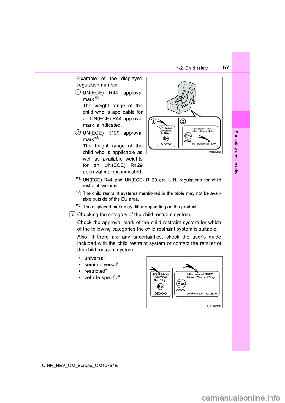 TOYOTA C-HR 2023  Owners Manual 671-2. Child safety
1
For safety and security
C-HR_HEV_OM_Europe_OM10764E
Example  of  the  displayed 
regulation number 
UN(ECE)  R44  approval 
mark*3
The  weight  range  of  the
child  who  is  app
