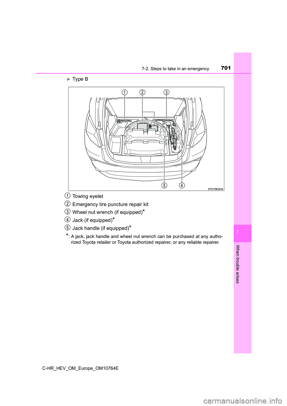 TOYOTA C-HR 2023  Owners Manual 7017-2. Steps to take in an emergency
C-HR_HEV_OM_Europe_OM10764E
7
When trouble arises
Ty pe  B 
Towing eyelet 
Emergency tire puncture repair kit 
Wheel nut wrench (if equipped)*
Jack (if equippe