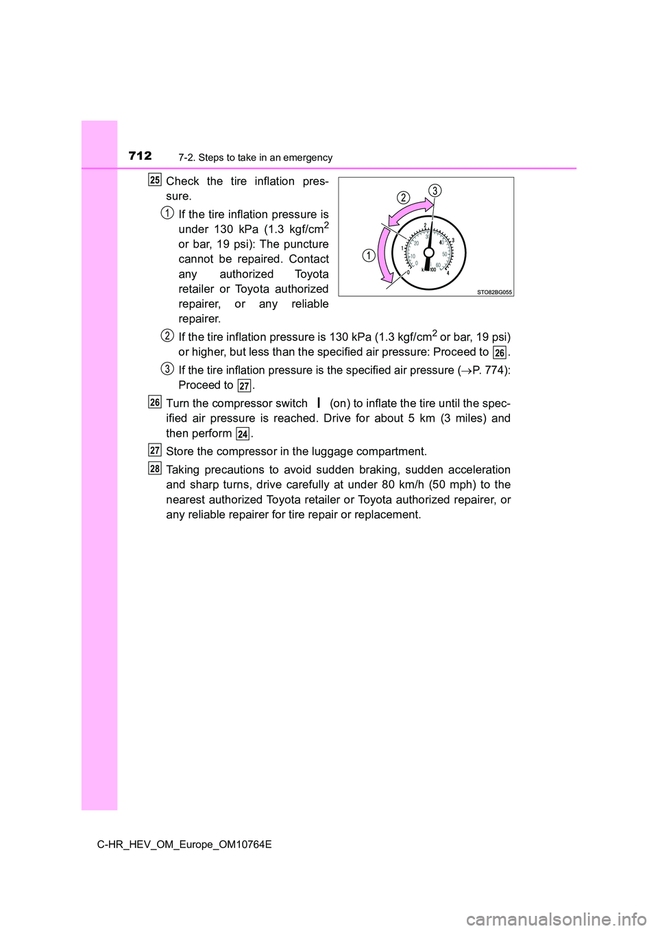 TOYOTA C-HR 2023  Owners Manual 7127-2. Steps to take in an emergency
C-HR_HEV_OM_Europe_OM10764E
Check  the  tire  inflation  pres- 
sure. 
If the tire inflation pressure is 
under  130  kPa  (1.3  kgf/cm2
or  bar,  19  psi):  The 