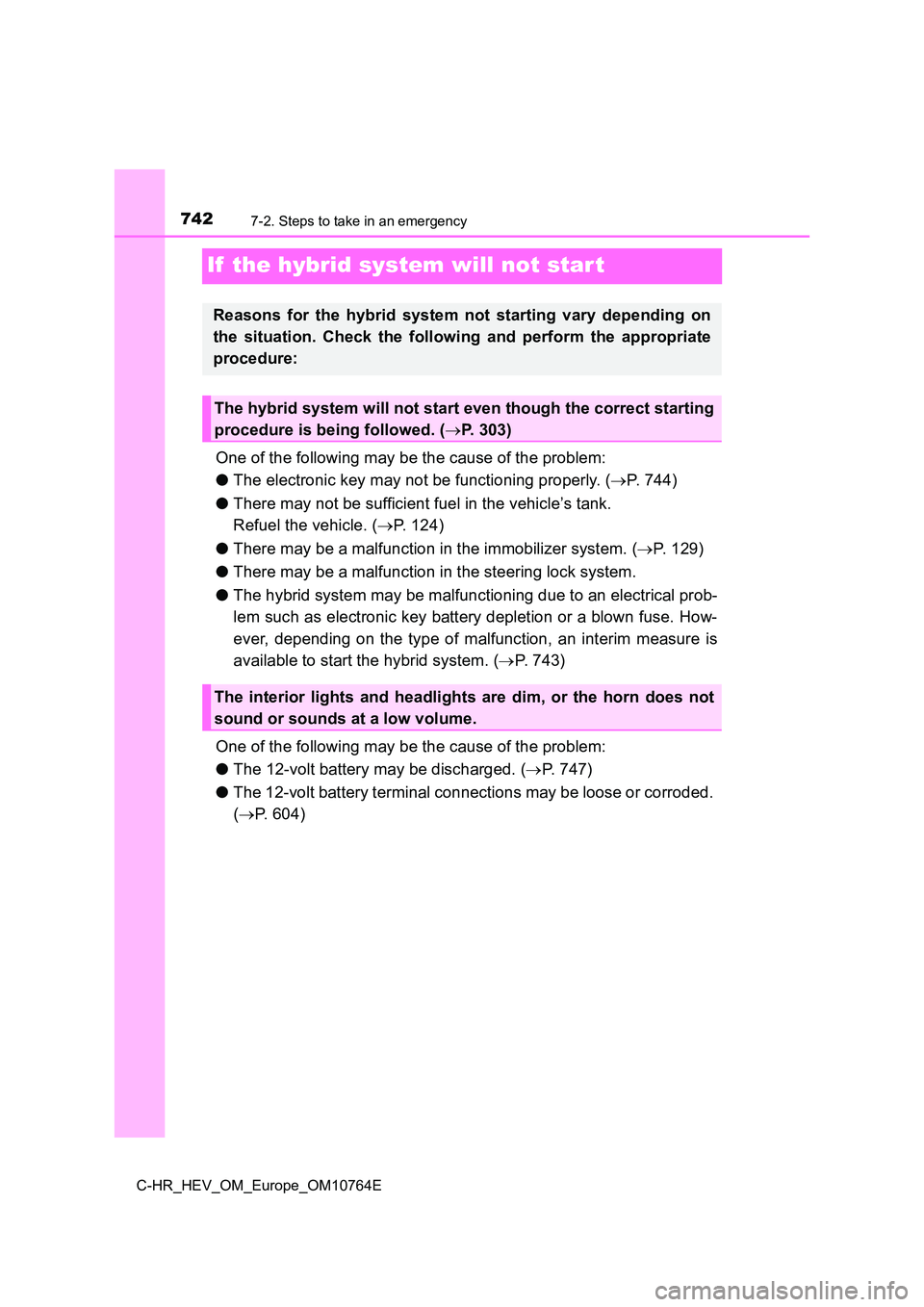 TOYOTA C-HR 2023  Owners Manual 7427-2. Steps to take in an emergency
C-HR_HEV_OM_Europe_OM10764E
If  the hybrid system will not star t
One of the following may be the cause of the problem: 
● The electronic key may not be functio