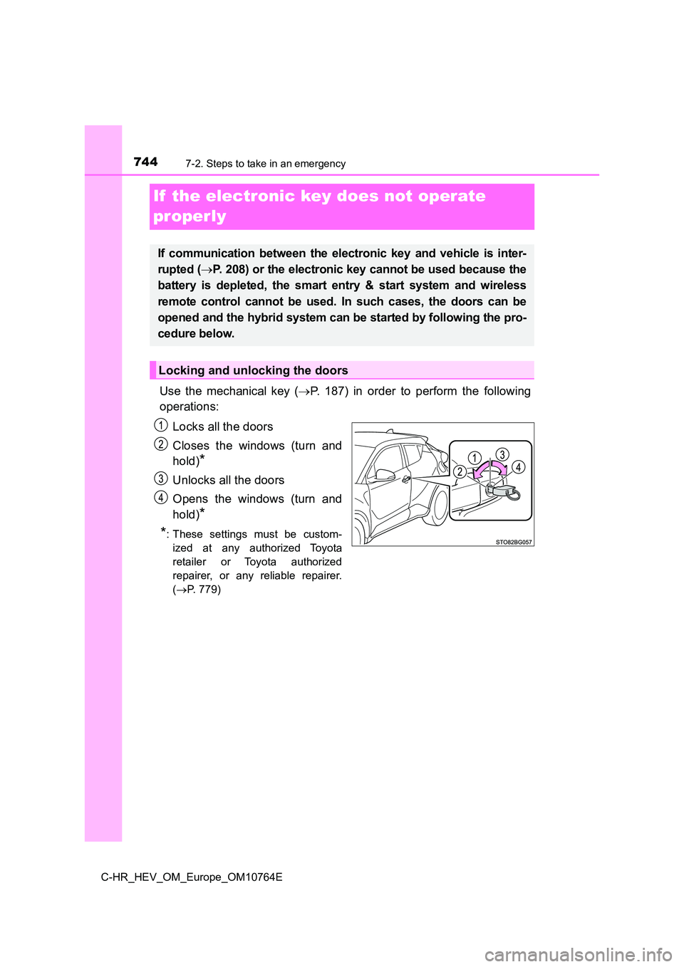 TOYOTA C-HR 2023  Owners Manual 7447-2. Steps to take in an emergency
C-HR_HEV_OM_Europe_OM10764E
If  the electronic key does not operate  
properly
Use  the  mechanical  key  ( P.  187)  in  order  to  perform  the  following 
o