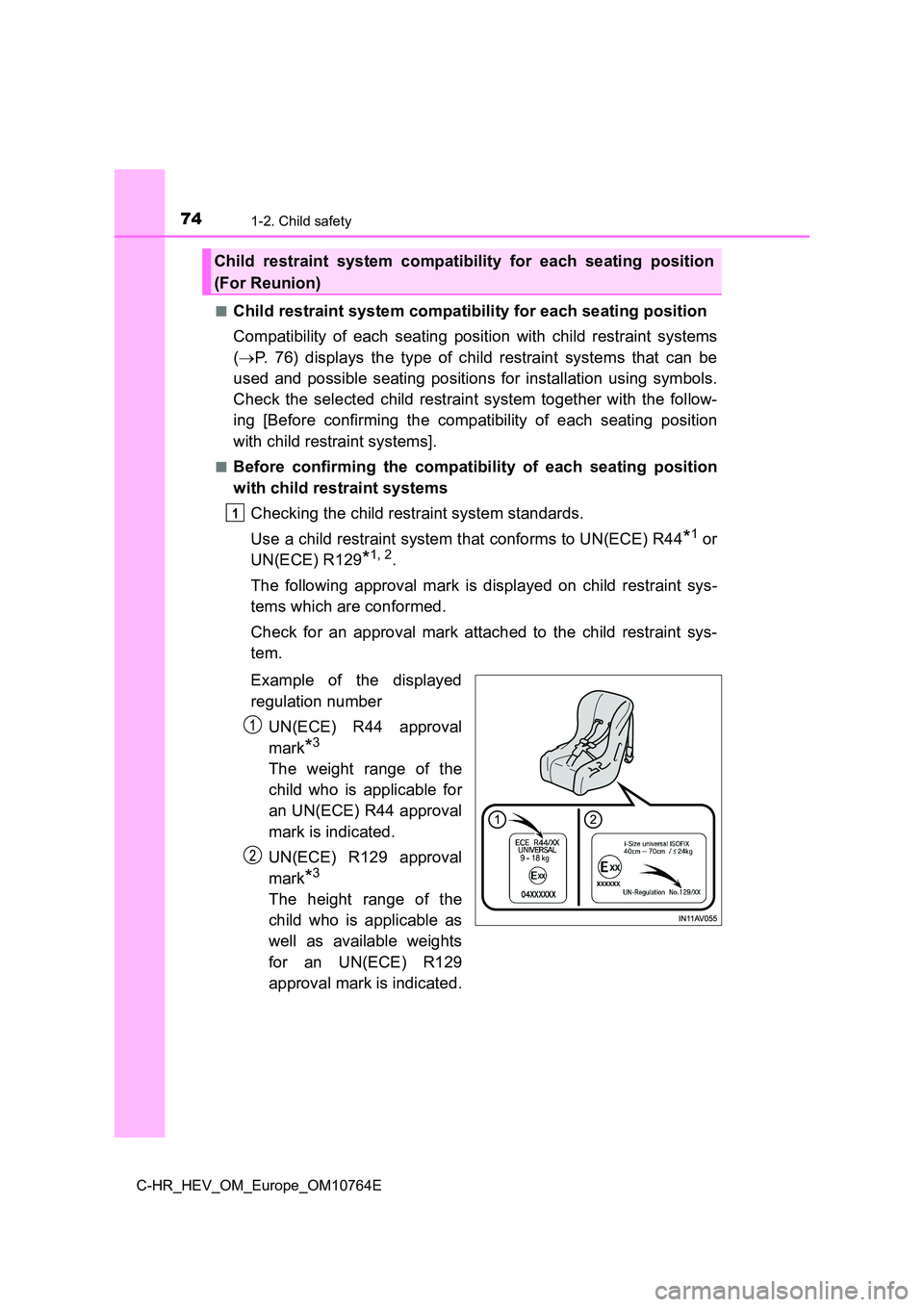 TOYOTA C-HR 2023  Owners Manual 741-2. Child safety
C-HR_HEV_OM_Europe_OM10764E 
■Child restraint system compatibility for each seating position 
Compatibility  of  each  seating  position  with  child  restraint  sys tems 
( P