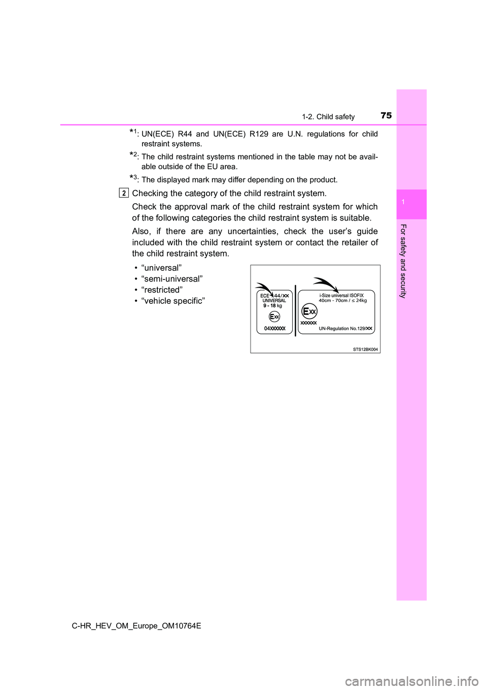 TOYOTA C-HR 2023  Owners Manual 751-2. Child safety
1
For safety and security
C-HR_HEV_OM_Europe_OM10764E
*1: UN(ECE)  R44  and  UN(ECE)  R129  are  U.N.  regulations  for  child 
restraint systems.
*2: The child restraint systems m