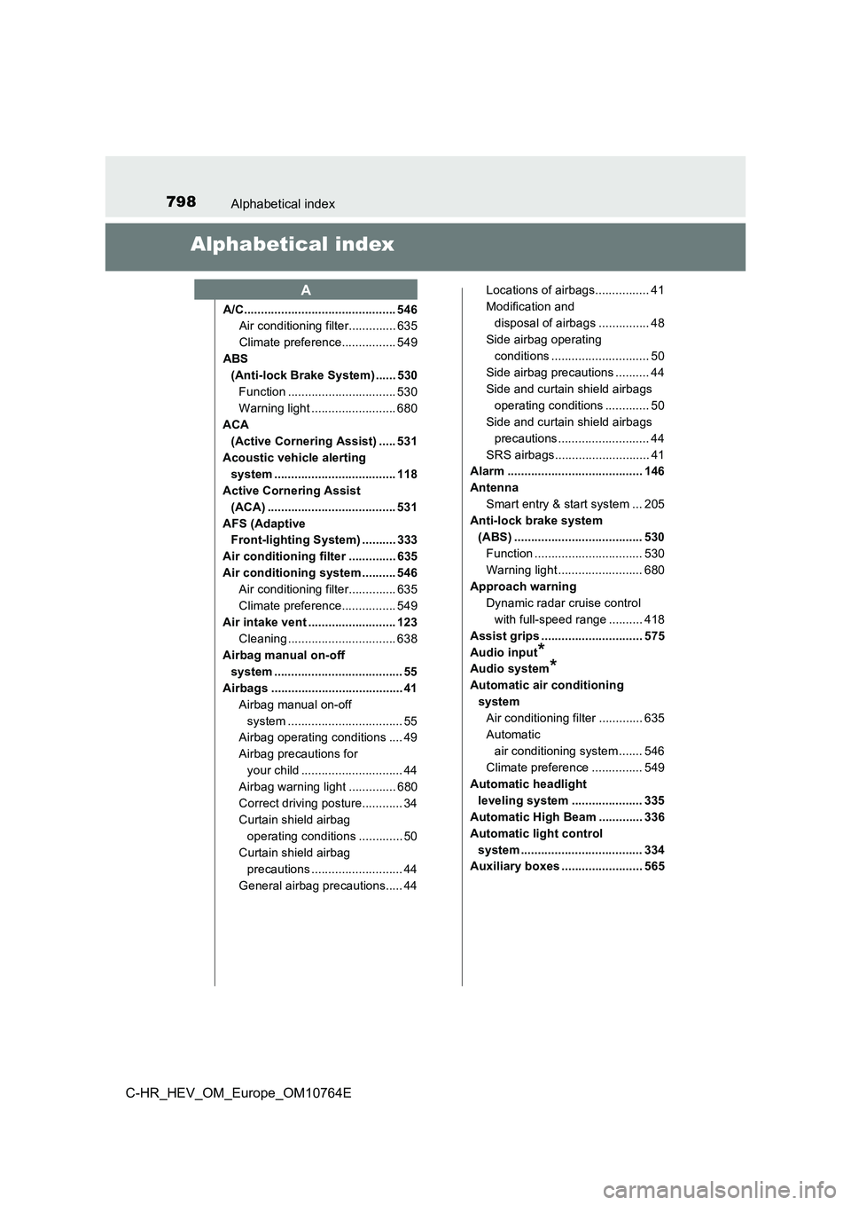 TOYOTA C-HR 2023  Owners Manual 798Alphabetical index
C-HR_HEV_OM_Europe_OM10764E
Alphabetical index
A/C............................................. 546 
Air conditioning filter.............. 635 
Climate preference................