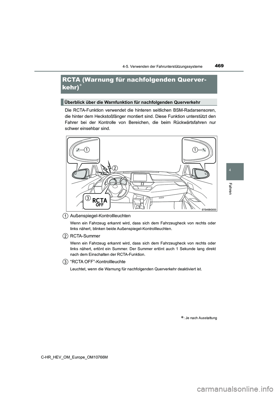 TOYOTA C-HR 2023  Betriebsanleitungen (in German) 469
4
4-5. Verwenden der Fahrunterstützungssysteme
Fahren
C-HR_HEV_OM_Europe_OM10766M
RCTA (Warnung für nachfolgenden Quer ver- 
kehr)
Die  RCTA-Funktion  verwendet  die  h interen  seitlichen  B