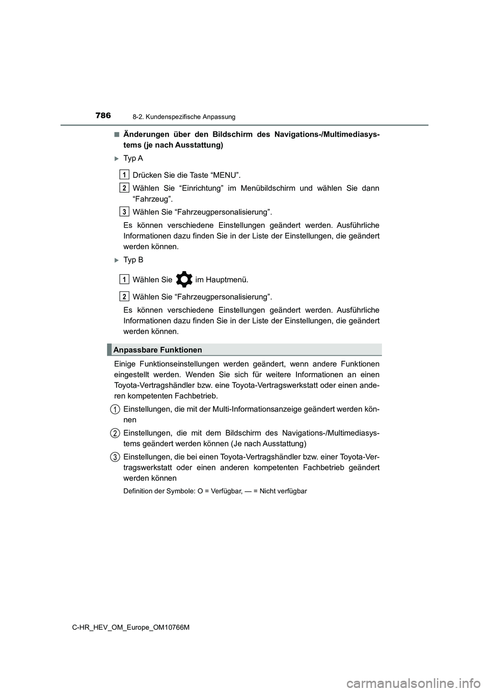 TOYOTA C-HR 2023  Betriebsanleitungen (in German) 7868-2. Kundenspezifische Anpassung
C-HR_HEV_OM_Europe_OM10766M 
■Änderungen  über  den  Bildschirm  des  Navigations-/Multimediasys- 
tems (je nach Ausstattung)
Ty p  A 
Drücken Sie die Taste