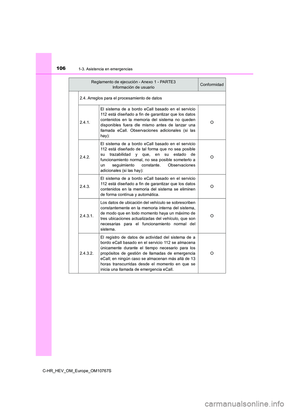 TOYOTA C-HR 2023  Manual del propietario (in Spanish) 1061-3. Asistencia en emergencias
C-HR_HEV_OM_Europe_OM10767S 
2.4. Arreglos para el procesamiento de datos 
2.4.1.
El  sistema  de  a  bordo  eCall  basado  en  el  servicio 
112 está diseñado a fi