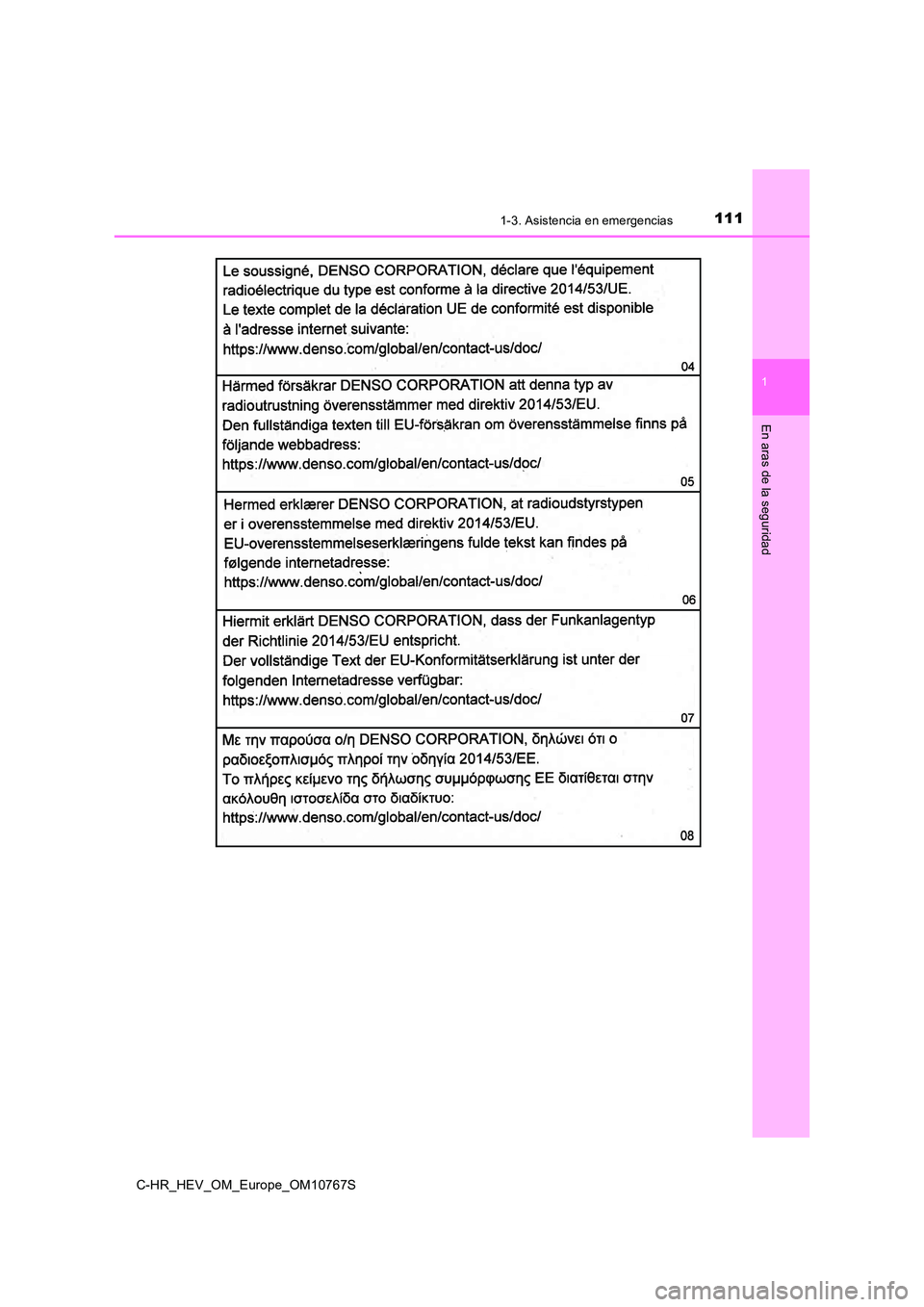 TOYOTA C-HR 2023  Manual del propietario (in Spanish) 1111-3. Asistencia en emergencias
1
En aras de la seguridad
C-HR_HEV_OM_Europe_OM10767S 