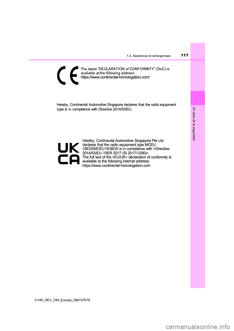 TOYOTA C-HR 2023  Manual del propietario (in Spanish) 1171-3. Asistencia en emergencias
1
En aras de la seguridad
C-HR_HEV_OM_Europe_OM10767S 