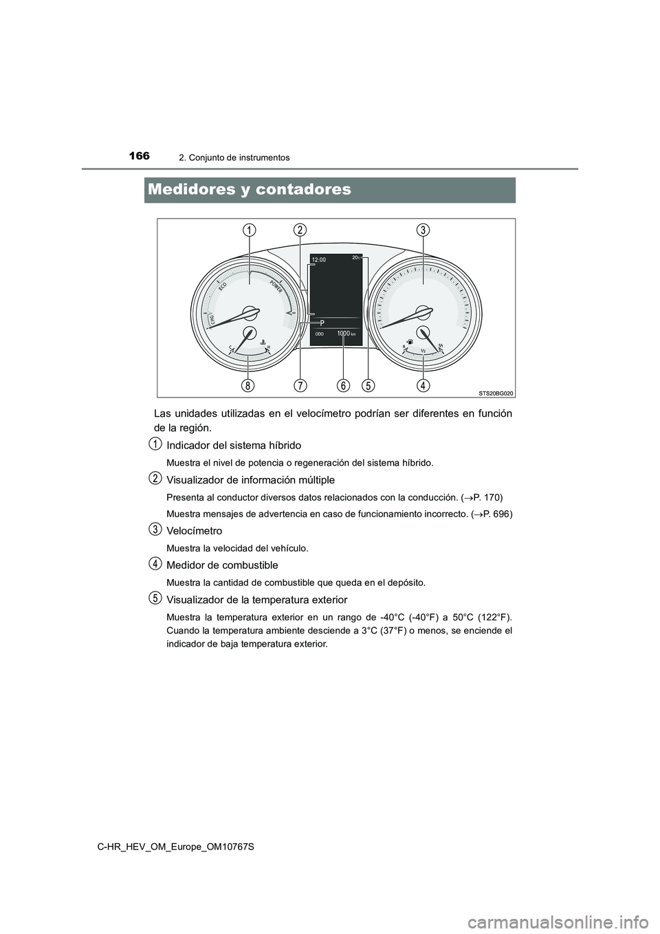 TOYOTA C-HR 2023  Manual del propietario (in Spanish) 1662. Conjunto de instrumentos
C-HR_HEV_OM_Europe_OM10767S
Medidores y contadores
Las  unidades  utilizadas  en  el  velocímetro  podrían  ser  diferentes  en  función 
de la región. 
Indicador de