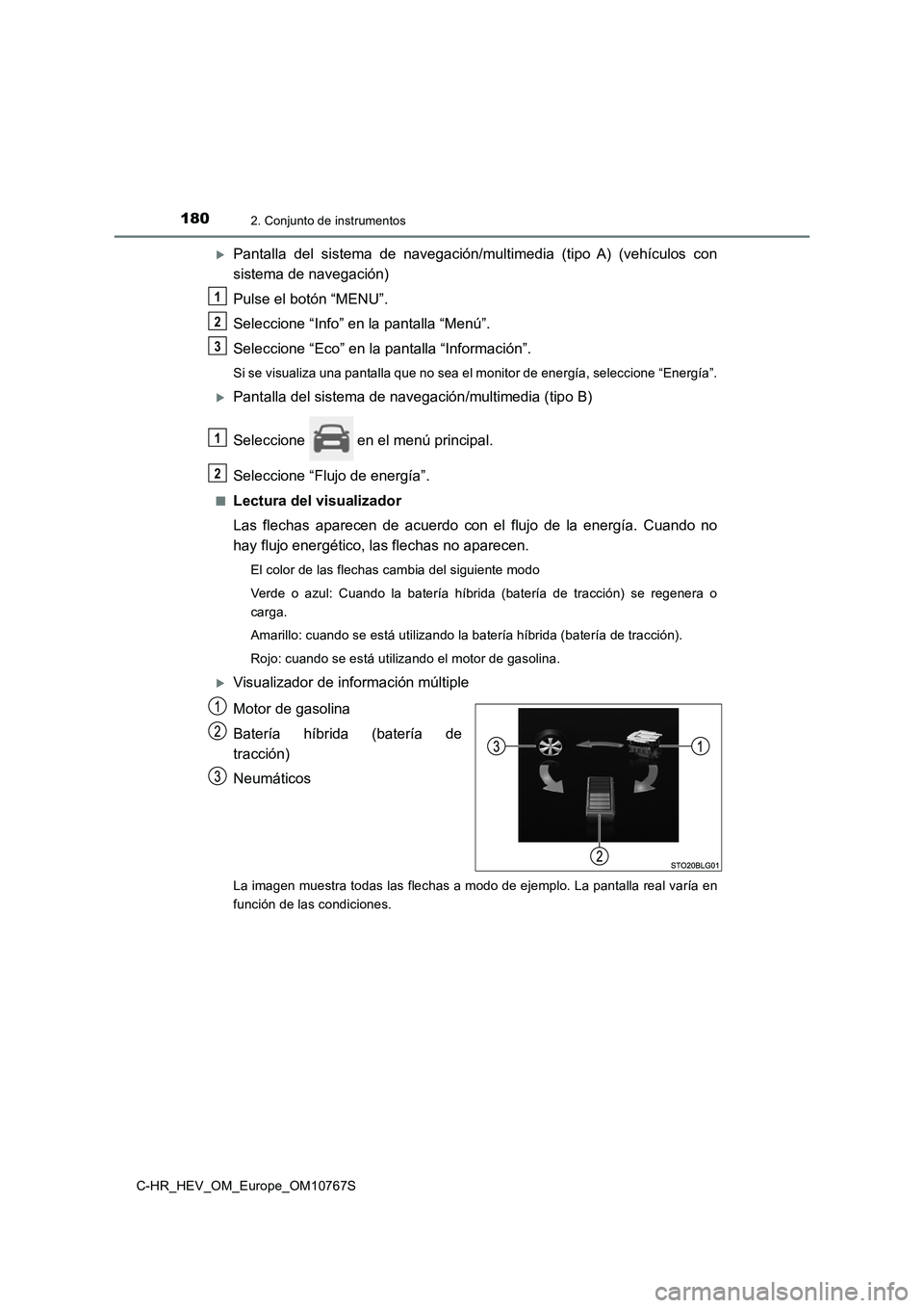 TOYOTA C-HR 2023  Manual del propietario (in Spanish) 1802. Conjunto de instrumentos
C-HR_HEV_OM_Europe_OM10767S
Pantalla  del  sistema  de  navegación/multimedia  (tipo  A)  (vehículos  con 
sistema de navegación) 
Pulse el botón “MENU”. 
Sel