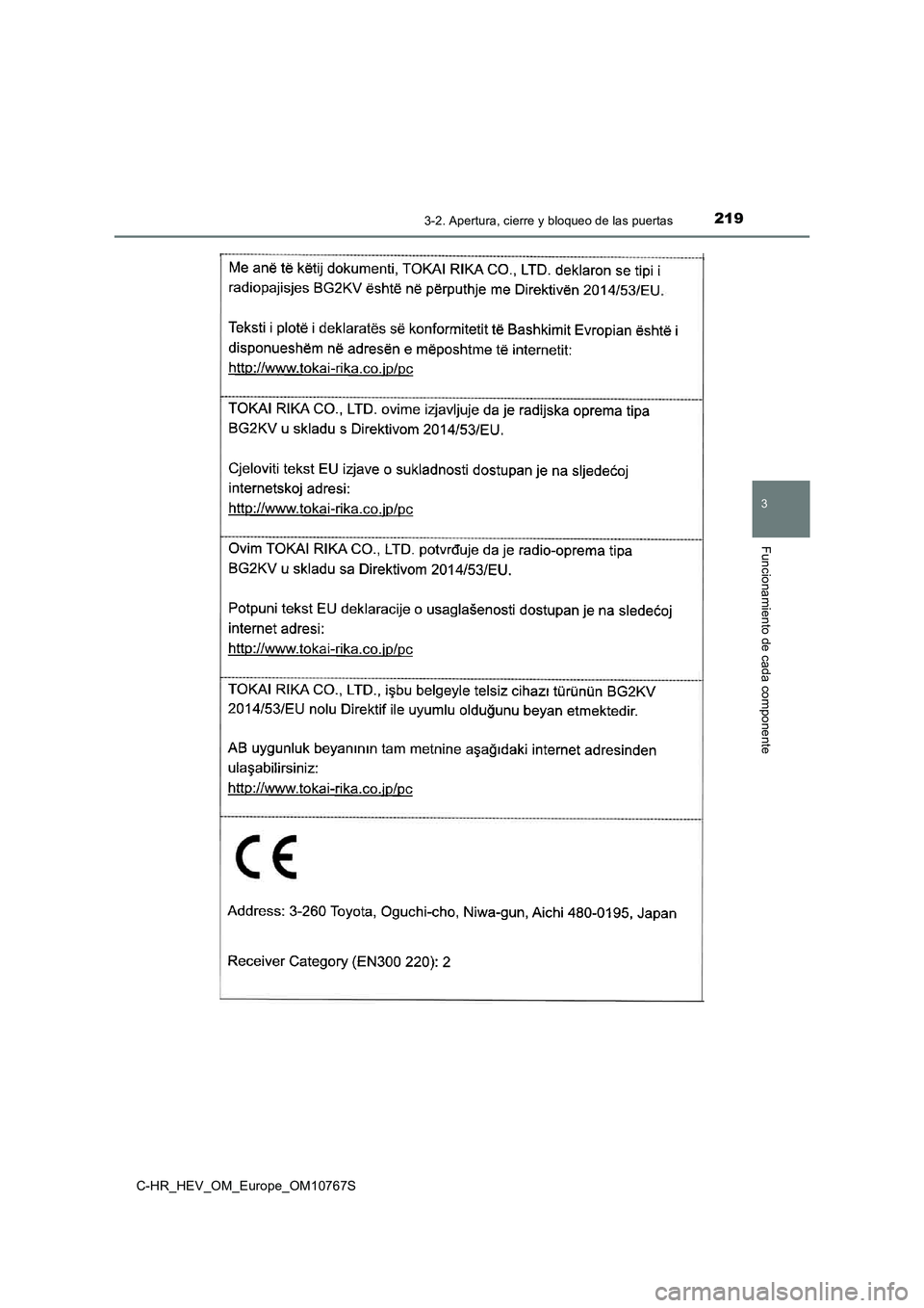 TOYOTA C-HR 2023  Manual del propietario (in Spanish) 2193-2. Apertura, cierre y bloqueo de las puertas
3
Funcionamiento de cada componente
C-HR_HEV_OM_Europe_OM10767S 