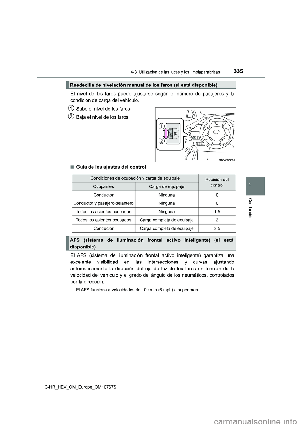 TOYOTA C-HR 2023  Manual del propietario (in Spanish) 3354-3. Utilización de las luces y los limpiaparabrisas
4
Conducción
C-HR_HEV_OM_Europe_OM10767S
El  nivel  de  los  faros  puede  ajustarse  según  el  número  de  pasajeros  y  la 
condición de