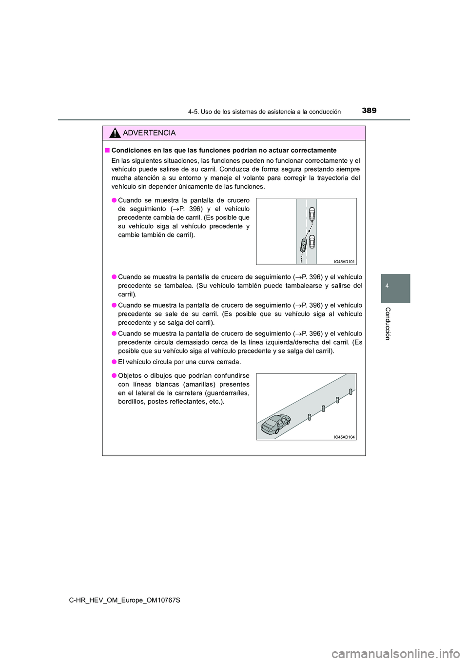 TOYOTA C-HR 2023  Manual del propietario (in Spanish) 3894-5. Uso de los sistemas de asistencia a la conducción
4
Conducción
C-HR_HEV_OM_Europe_OM10767S
ADVERTENCIA
■Condiciones en las que las funciones podrían no actuar correctamente 
En las siguie