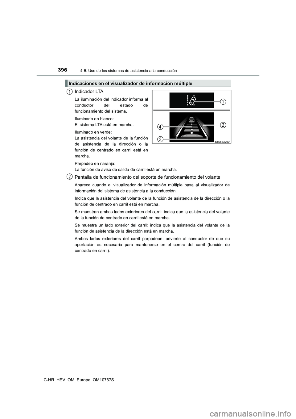 TOYOTA C-HR 2023  Manual del propietario (in Spanish) 3964-5. Uso de los sistemas de asistencia a la conducción
C-HR_HEV_OM_Europe_OM10767S
Indicador LTA
La  iluminación  del  indicador  informa  al 
conductor  del  estado  de
funcionamiento del sistem