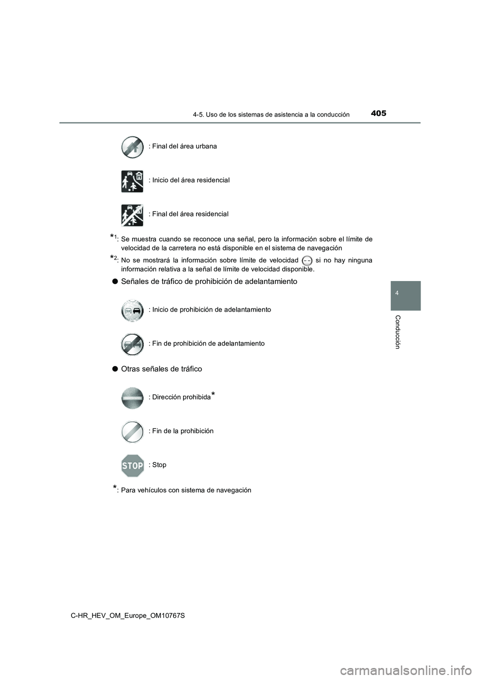 TOYOTA C-HR 2023  Manual del propietario (in Spanish) 4054-5. Uso de los sistemas de asistencia a la conducción
4
Conducción
C-HR_HEV_OM_Europe_OM10767S
*1: Se  muestra cuando se  reconoce  una señal,  pero la  información  sobre  el límite de 
velo