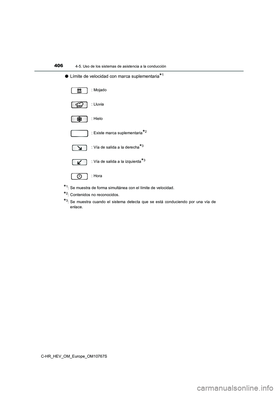 TOYOTA C-HR 2023  Manual del propietario (in Spanish) 4064-5. Uso de los sistemas de asistencia a la conducción
C-HR_HEV_OM_Europe_OM10767S
●Límite de velocidad con marca suplementaria*1
*1: Se muestra de forma simultánea con el límite de velocidad