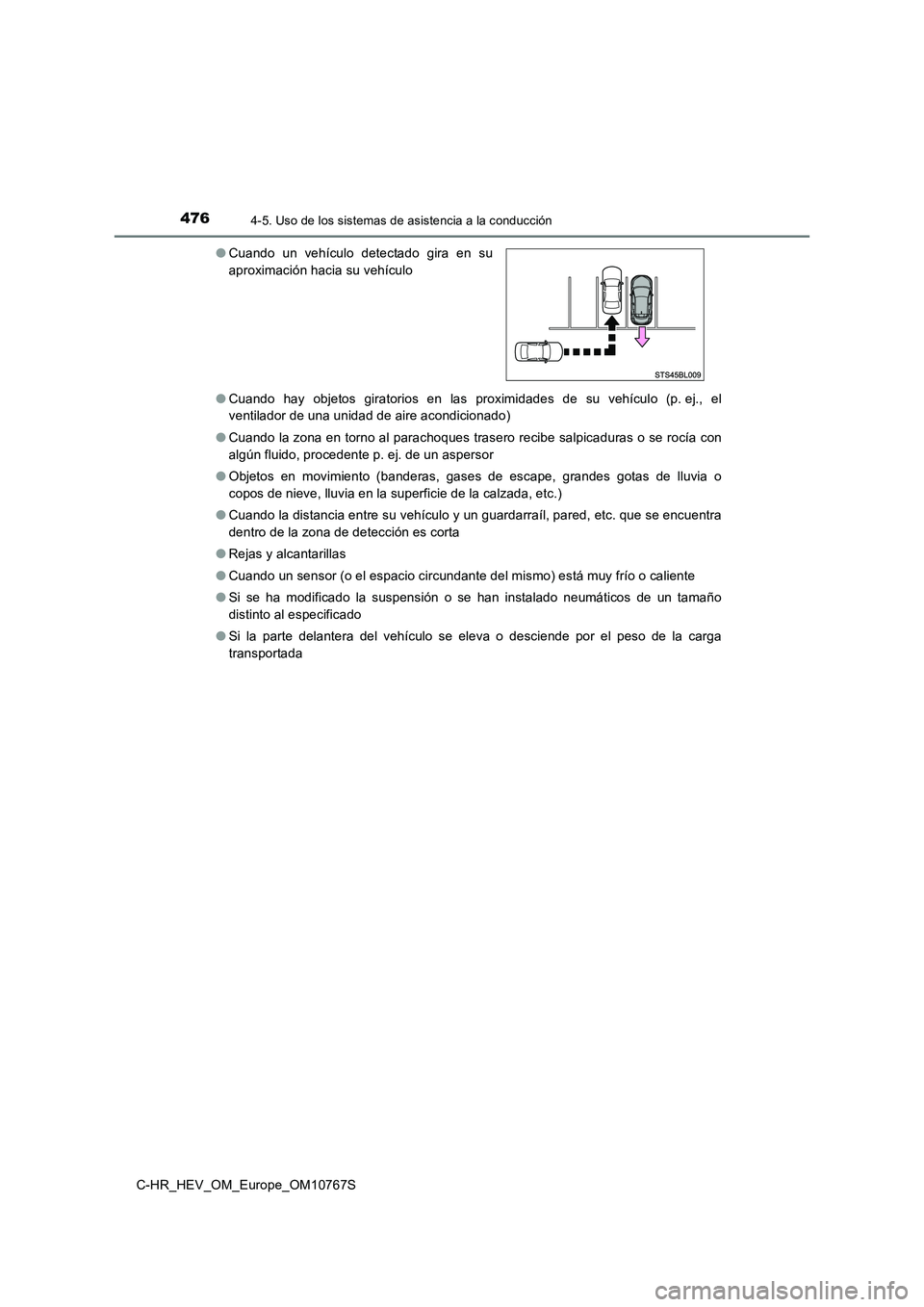 TOYOTA C-HR 2023  Manual del propietario (in Spanish) 4764-5. Uso de los sistemas de asistencia a la conducción
C-HR_HEV_OM_Europe_OM10767S 
● Cuando  hay  objetos  giratorios  en  las  proximidades  de  su  vehículo  (p. ej.,  el 
ventilador de una 