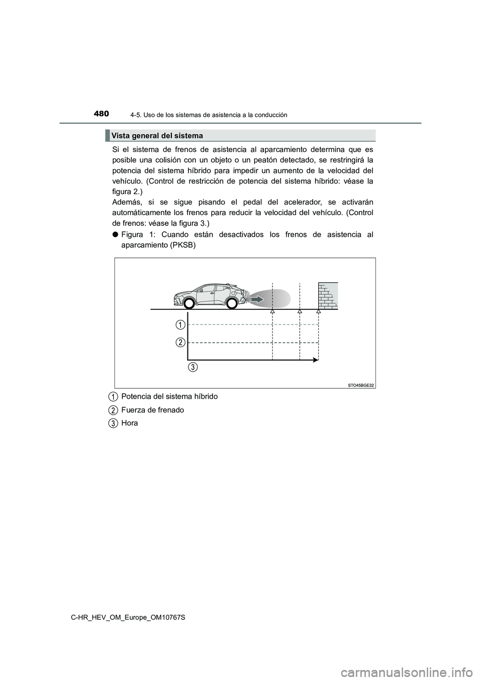 TOYOTA C-HR 2023  Manual del propietario (in Spanish) 4804-5. Uso de los sistemas de asistencia a la conducción
C-HR_HEV_OM_Europe_OM10767S
Si  el  sistema  de  frenos  de  asistencia  al  aparcamiento  determina  que  es 
posible  una  colisión  con  